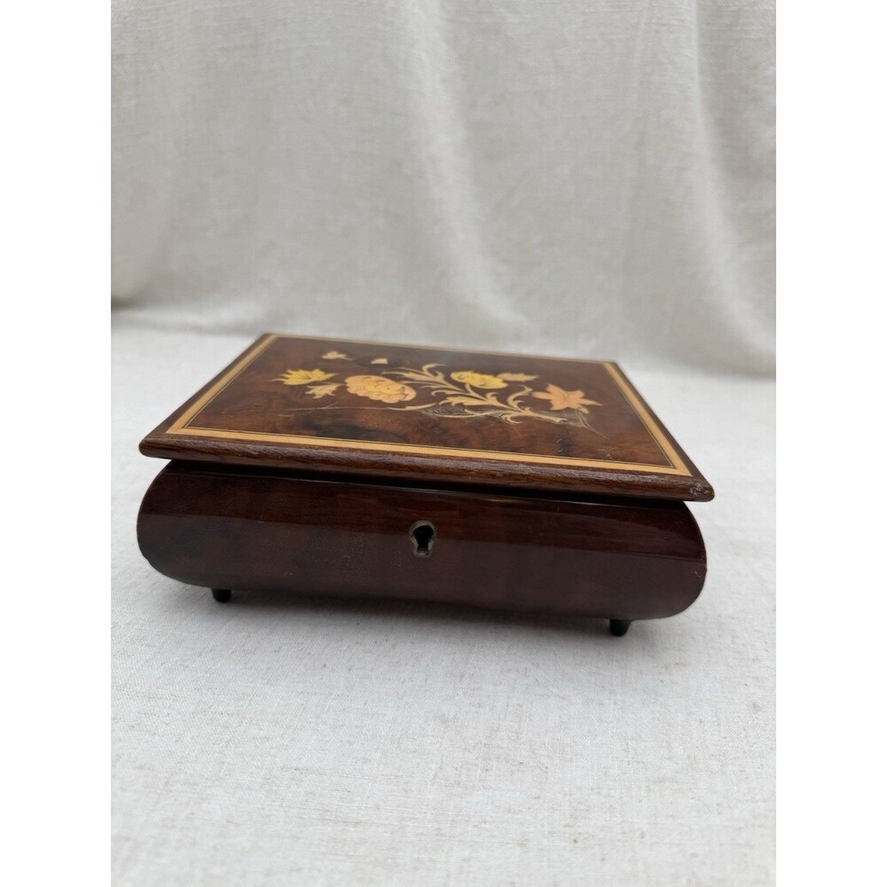 Vintage Italian Marquetry Jewelry Box Floral Inlay Mirror Velvet Lined